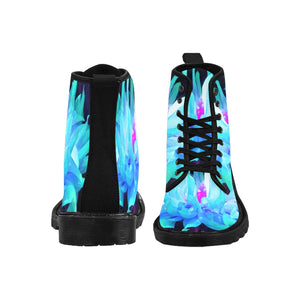 Boots for Women, Stunning Aqua Blue and Green Cactus Dahlia - Black