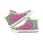 Colorful High Top Sneakers for Women, Groovy Abstract Pink and Turquoise Swirl with Flowers, White