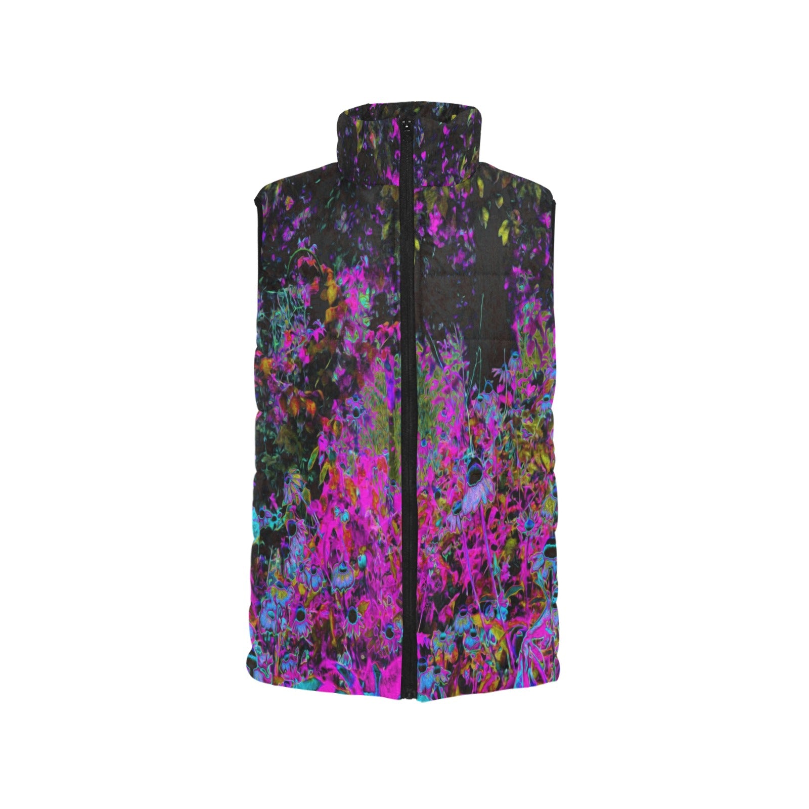 Women's Stand Collar Vest, Psychedelic Hot Pink and Black Garden Sunrise