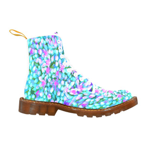 Boots for Women, Blue and Hot Pink Succulent Sedum Flowers Detail - White