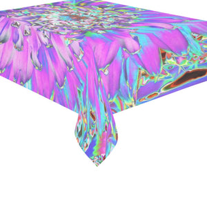 Tablecloths for Rectangular Tables, Trippy Abstract Aqua, Lime Green and Purple Dahlia - 84 x 60"