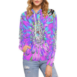 Hoodies for Women, Trippy Abstract Aqua, Lime Green and Purple Dahlia