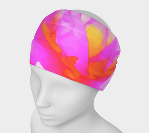 Wide Fabric Headband, Fiery Hot Pink and Yellow Cactus Dahlia Flower, Face Covering