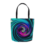 Tote Bags, Dramatic Black and Turquoise Abstract Retro Twirl