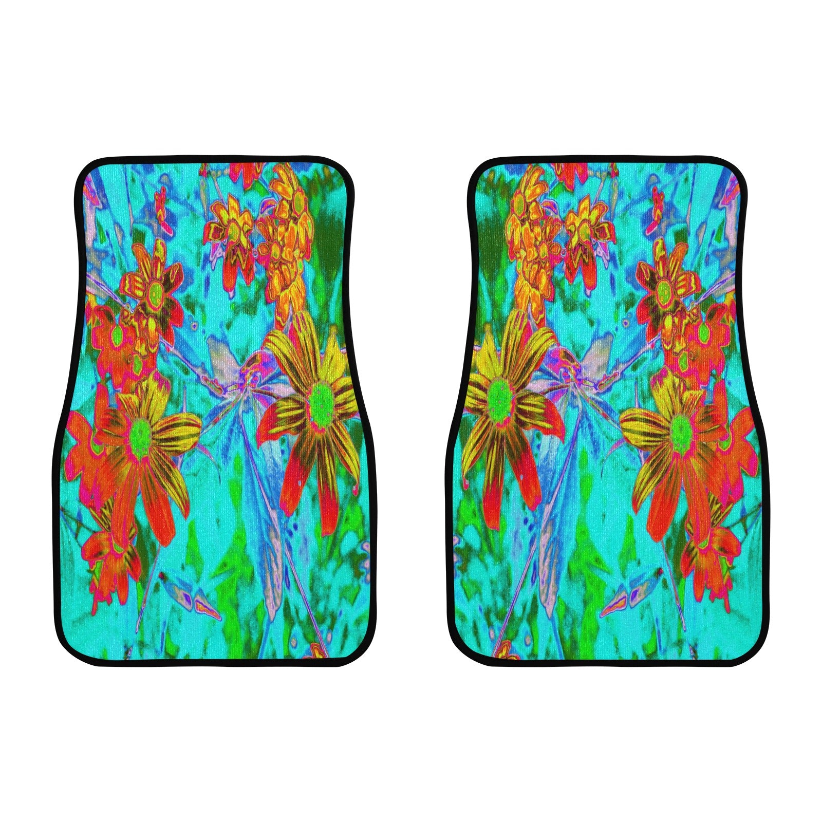 Car Floor Mats, Aqua Tropical with Yellow and Orange Flowers - Front Set of 2
