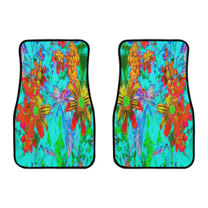 Car Floor Mats, Aqua Tropical with Yellow and Orange Flowers - Front Set of 2