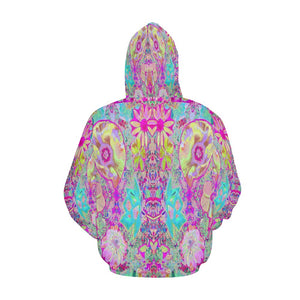 Hoodies for Women, Psychedelic Abstract Magenta and Aqua Garden Collage