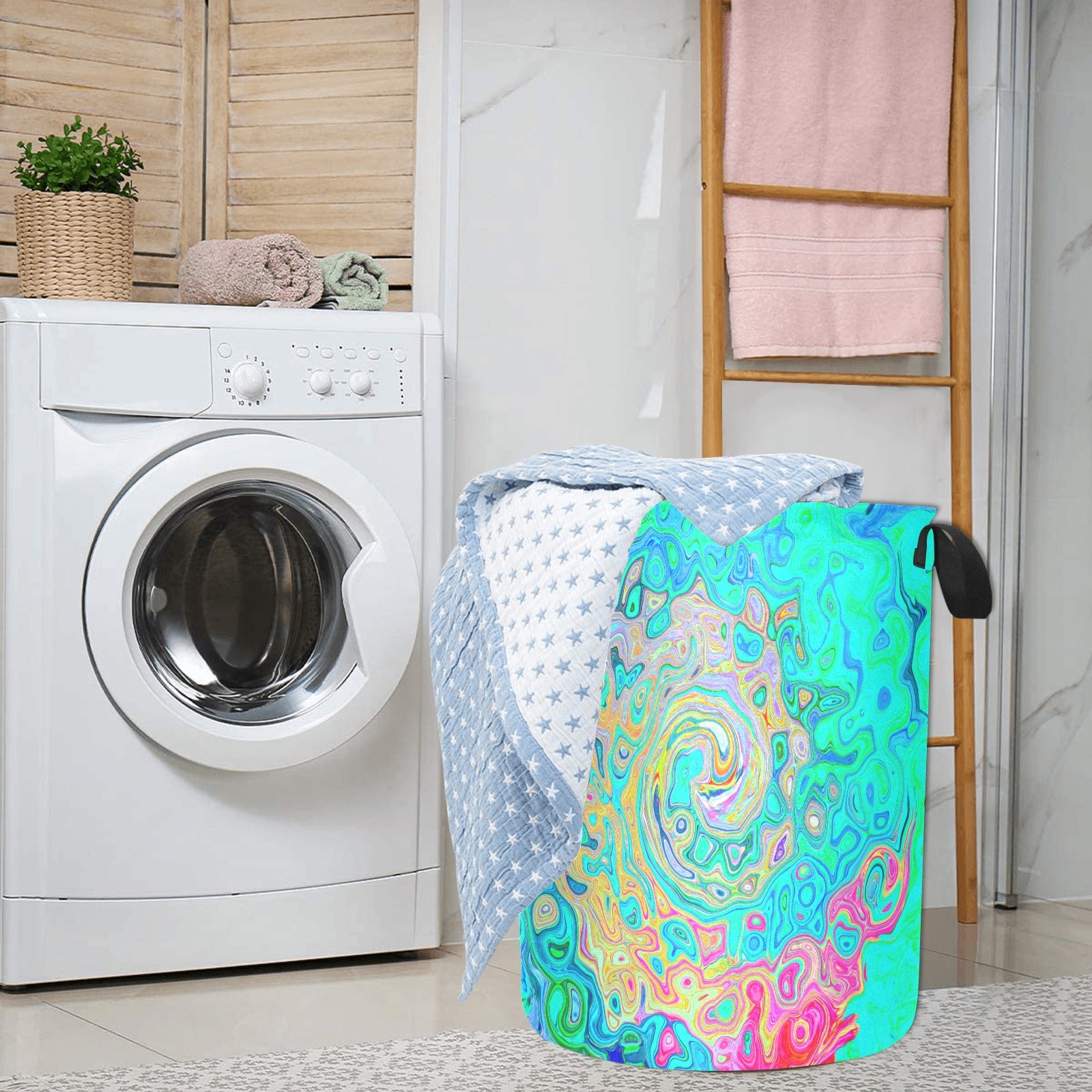 Fabric Laundry Basket with Handles, Groovy Abstract Retro Rainbow Liquid Swirl