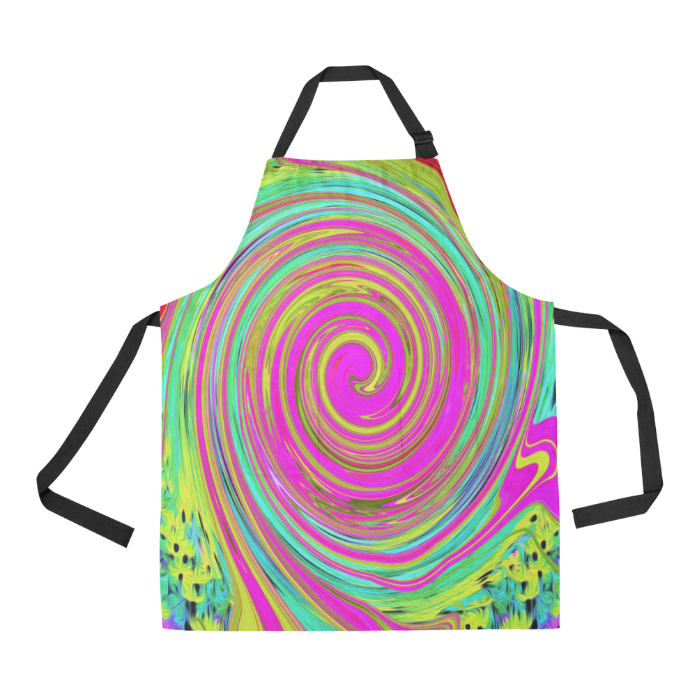 Apron with Pockets, Groovy Abstract Pink and Turquoise Swirl with Flowers