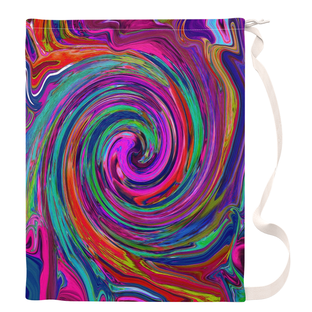 Colorful Laundry Bags, Groovy Abstract Retro Magenta Dark Rainbow Swirl - Large