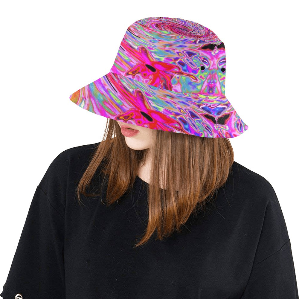 Bucket Hats, Cool Abstract Retro Hot Pink and Red Floral Swirl