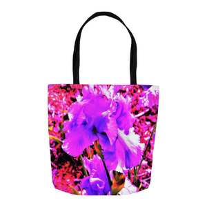 Colorful Floral Tote Bags, Abstract Ultra Violet Purple Iris on Red