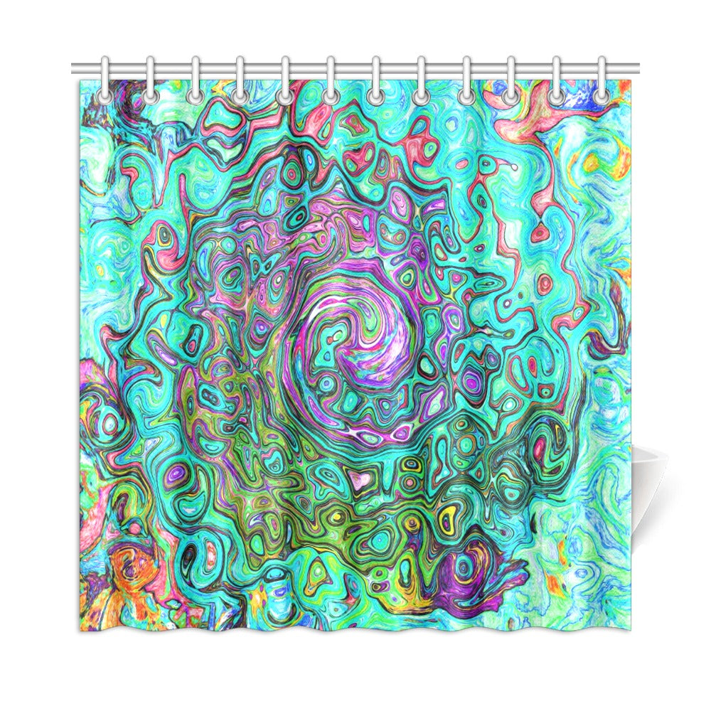 Shower Curtains, Aquamarine Groovy Abstract Retro Liquid Swirl