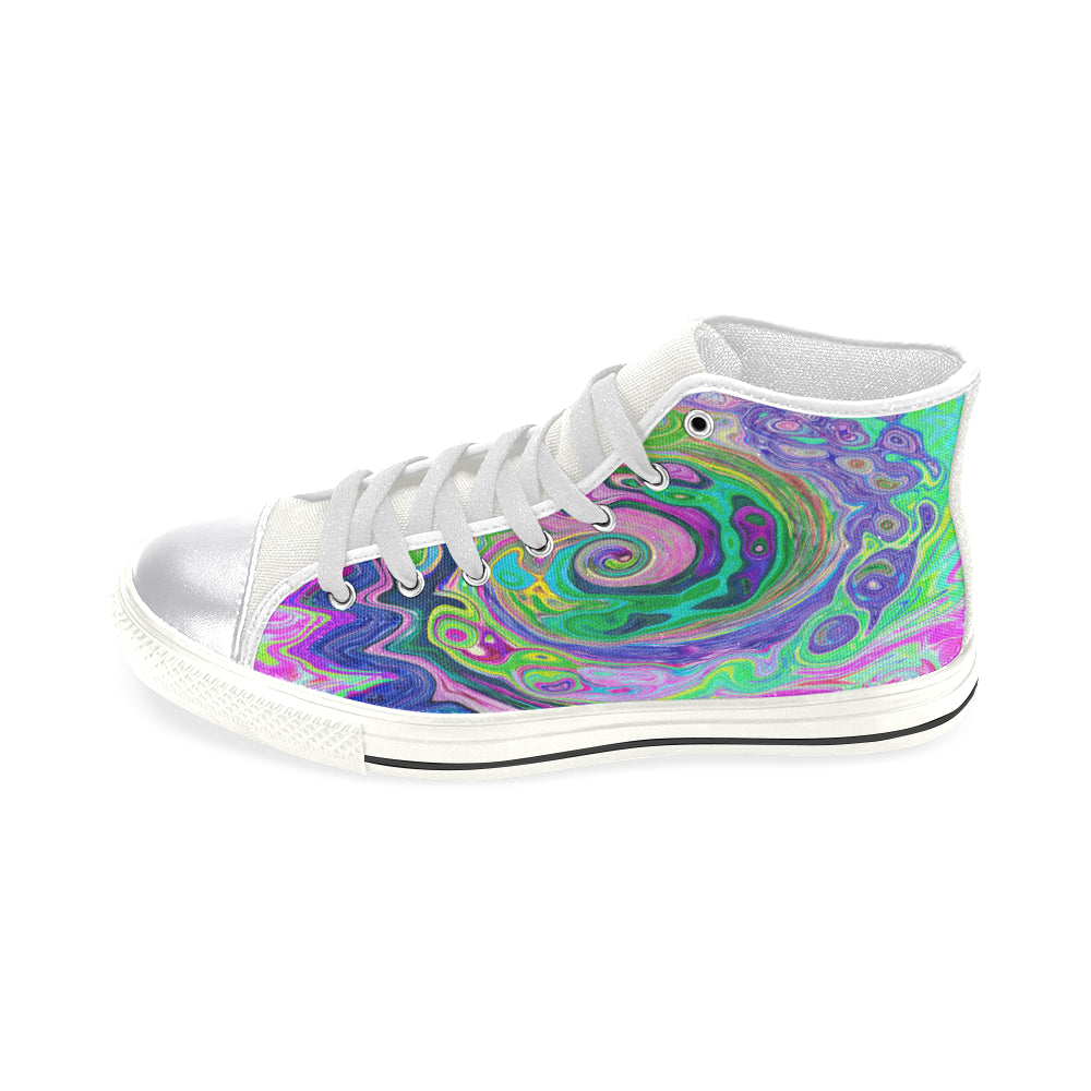 High Top Sneakers for Women, Groovy Abstract Aqua and Navy Lava Swirl - White