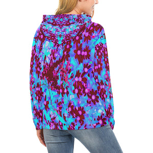 Hoodies for Women, Crimson Red and Pink Wildflowers on Blue