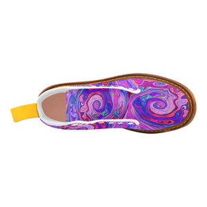 Colorful Boots for Women, Retro Purple and Orange Abstract Groovy Swirl, White