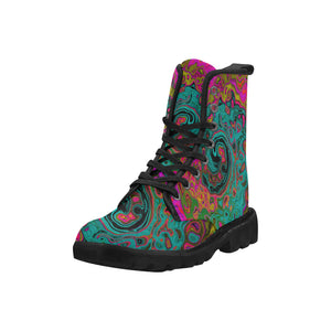 Colorful Boots for Women, Trippy Turquoise Abstract Retro Liquid Swirl - Black
