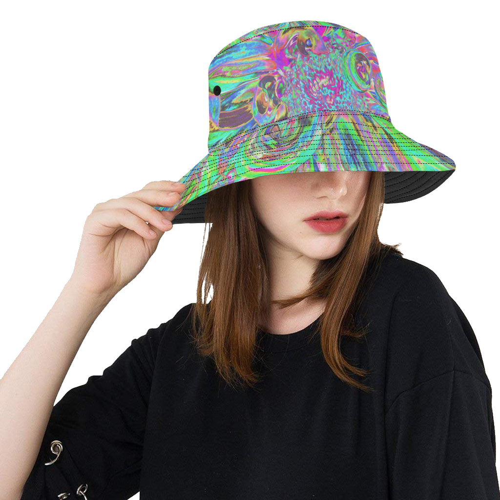 Bucket Hats, Festive Colorful Psychedelic Dahlia Flower Petals