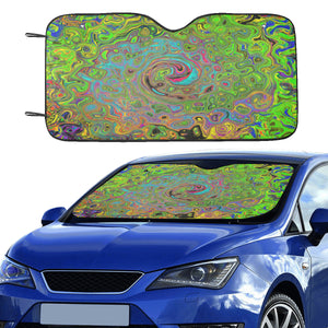 Auto Sun Shade, Groovy Abstract Retro Lime Green and Blue Swirl