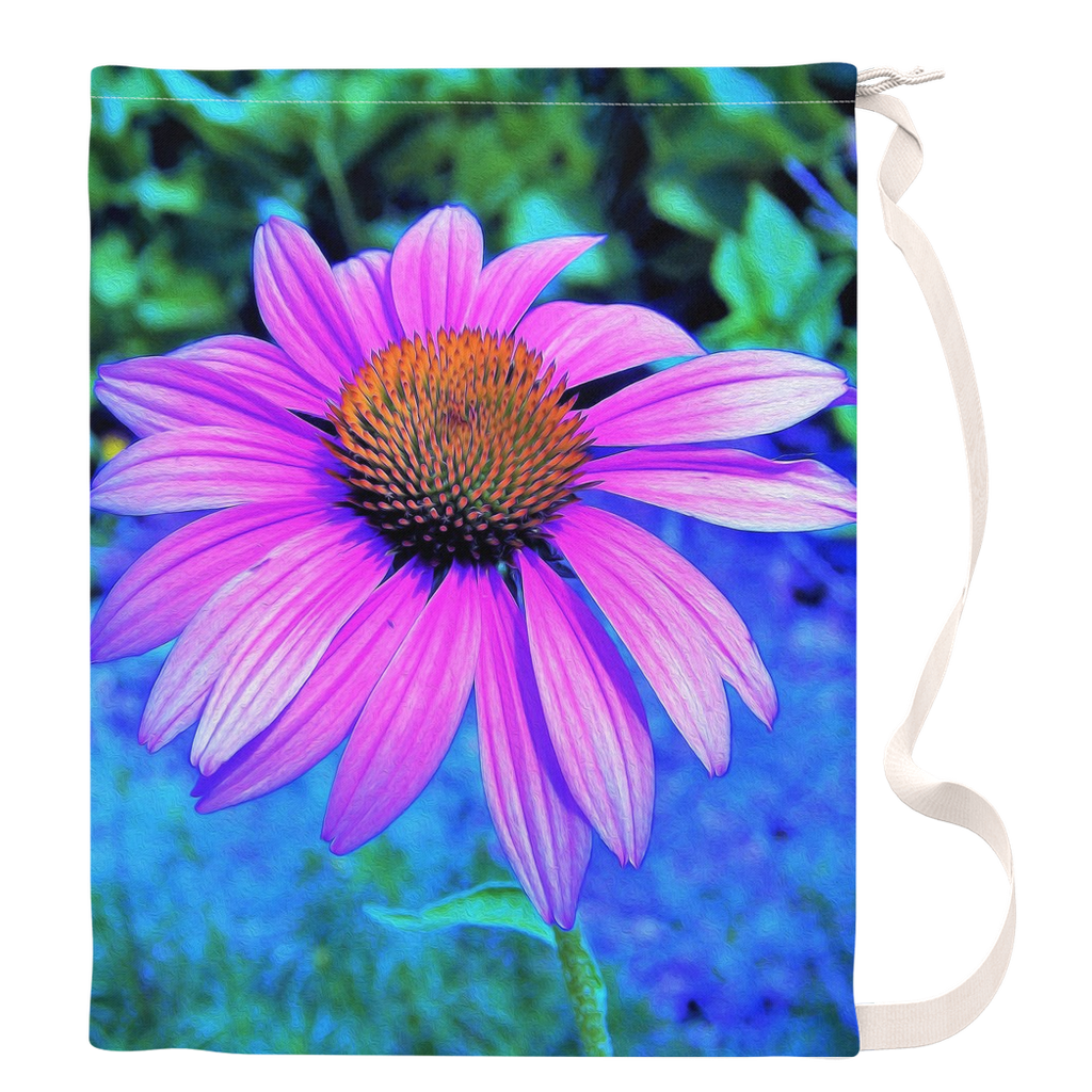 Large Laundry Bags, Pink and Purple Coneflower on Blue Garden