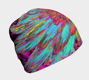 Beanie Hat, Psychedelic Teal Blue Abstract Decorative Dahlia