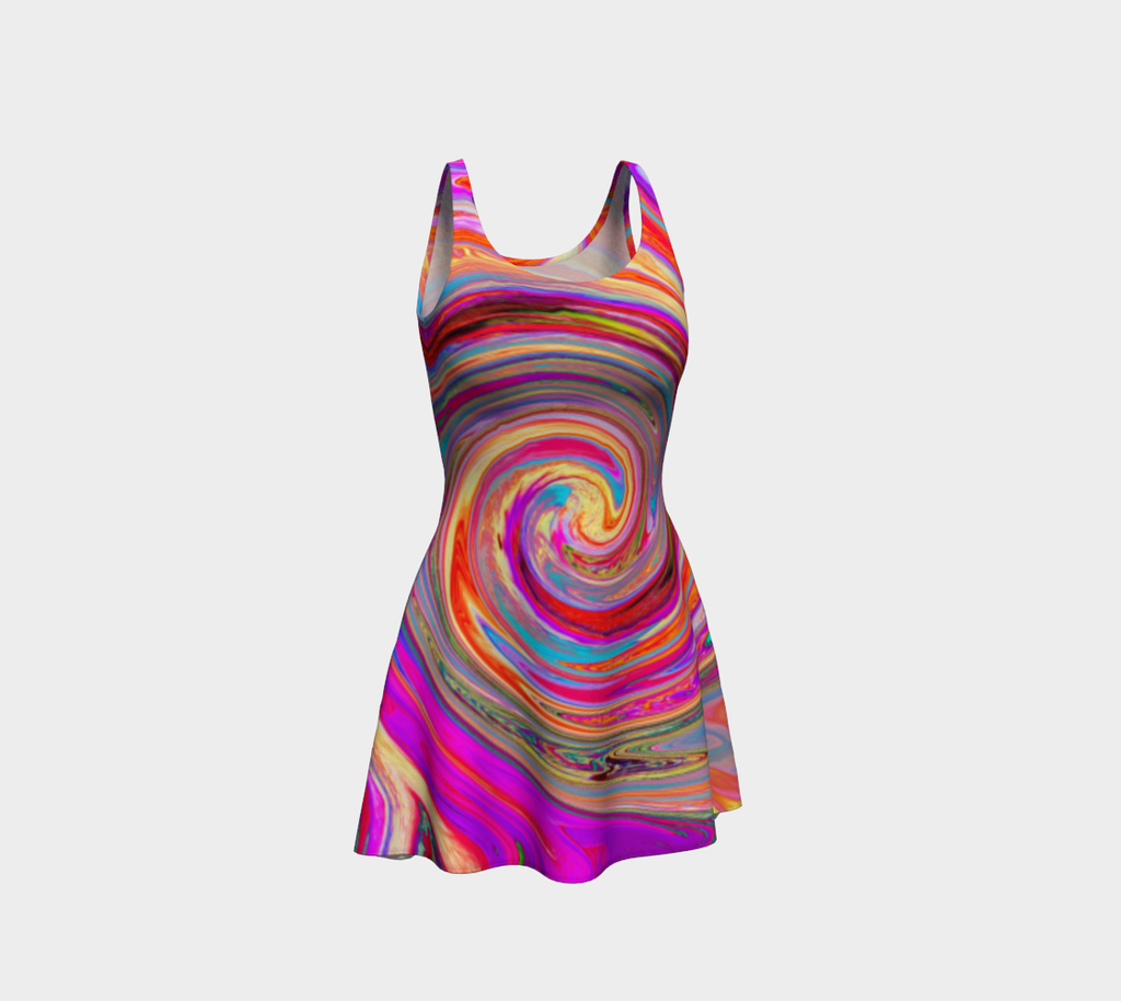 Fit and Flare Dresses, Colorful Rainbow Swirl Retro Abstract Design