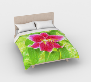 Artsy Duvet Covers, Pretty Deep Pink Stargazer Lily on Lime Green