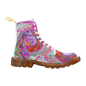 Colorful Boots for Women, Groovy Abstract Retro Hot Pink and Blue Swirl, White