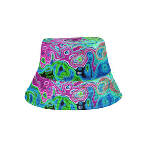 Bucket Hats, Hot Pink and Blue Groovy Abstract Retro Liquid Swirl