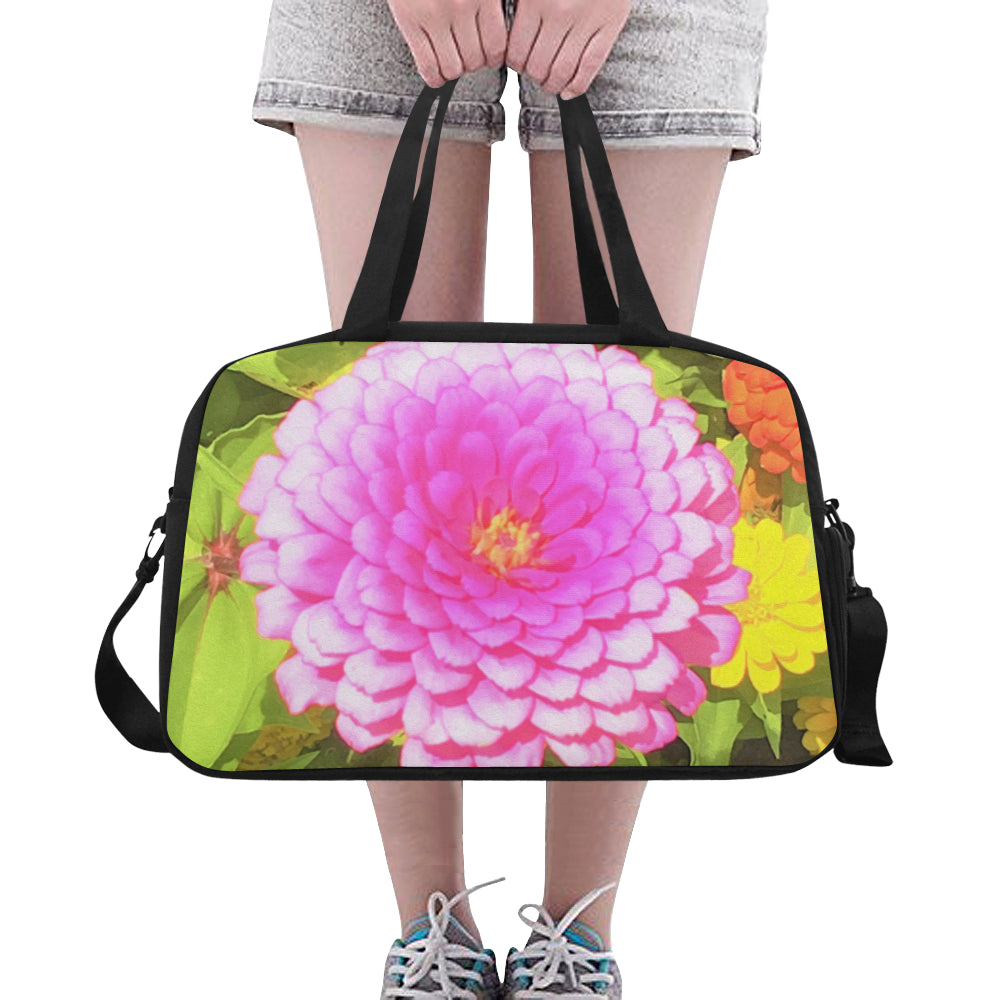 Nylon Yoga and Travel Bag, Pretty Round Pink Zinnia in the Summer Garden
