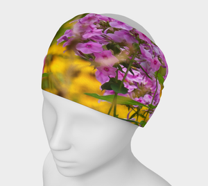 Wide Fabric Headband, Pretty Pink Flowers in the Golden Garden, Face Covering