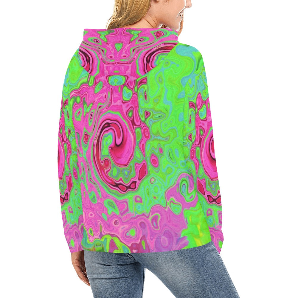 Hoodies for Women, Groovy Abstract Green and Red Lava Liquid Swirl