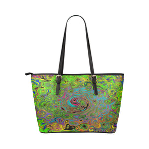 Black Vegan Tote Bags, Groovy Abstract Retro Lime Green and Blue Swirl - Large