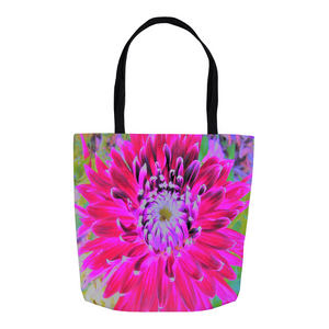 Colorful Floral Tote Bags, Dramatic Crimson Red and Pink Dahlia Flower