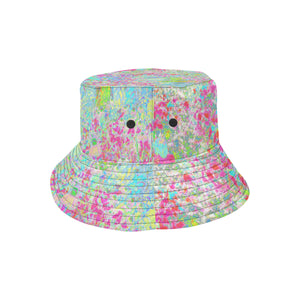 Bucket Hat, Aqua and Hot Pink Sunrise in My Rubio Garden, Colorful Hat for Women