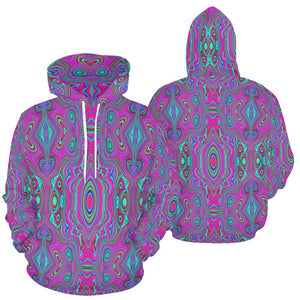 Hoodies for Women, Trippy Retro Magenta, Blue and Green Abstract