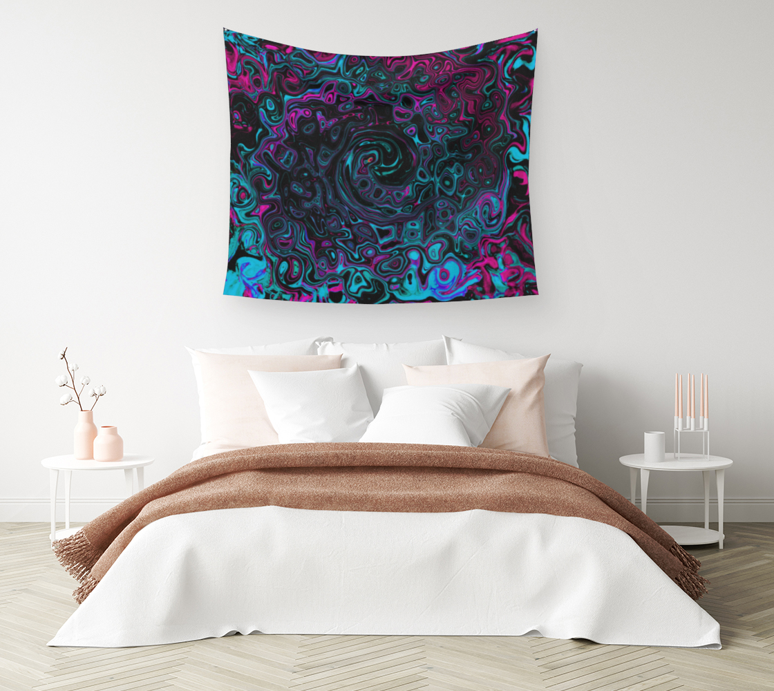 Artsy Wall Tapestry, Retro Aqua Magenta and Black Abstract Swirl