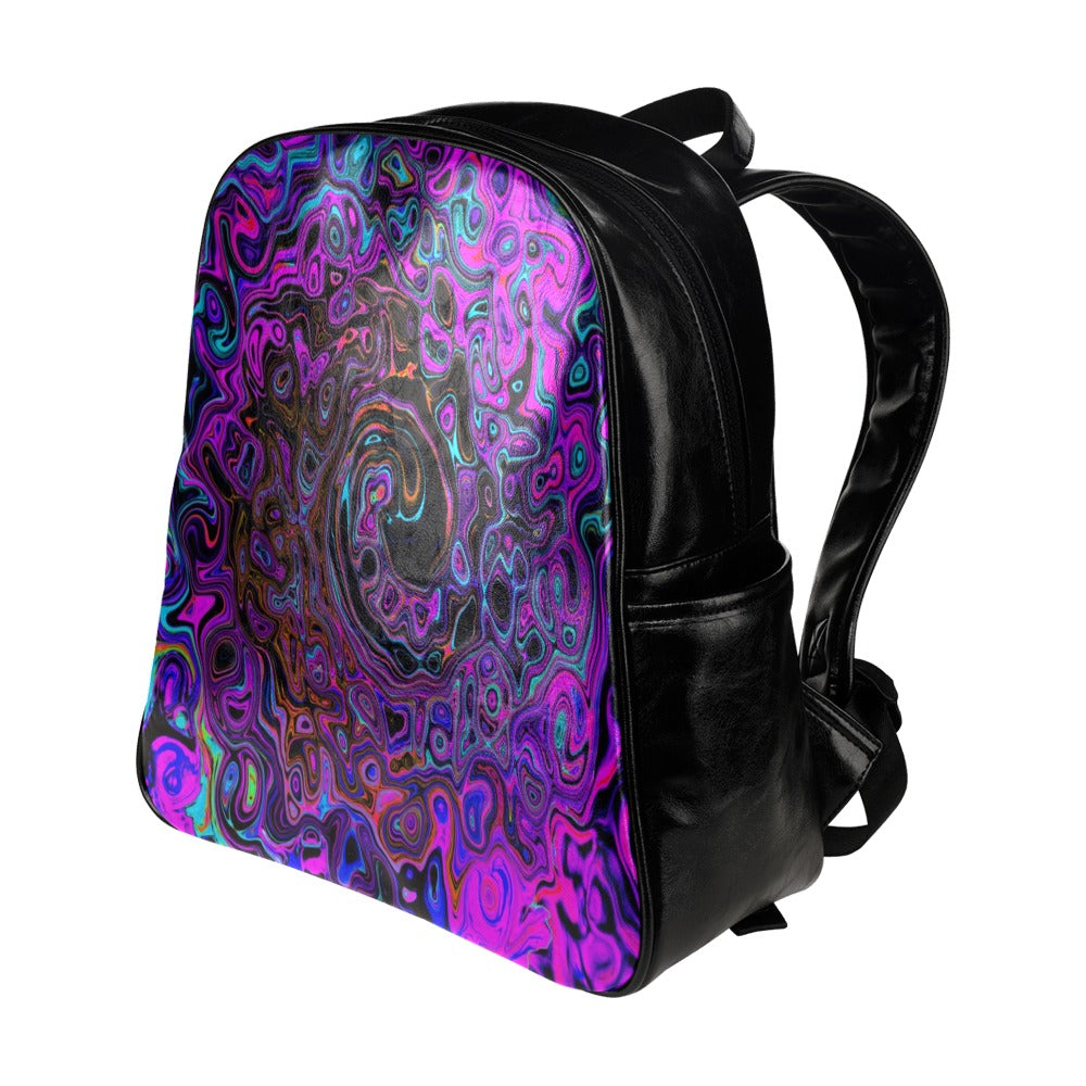 Backpack - Faux Leather, Trippy Black and Magenta Retro Liquid Swirl