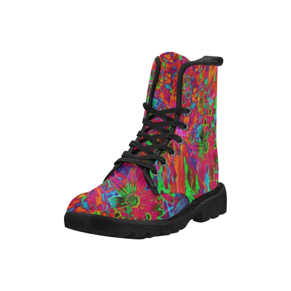 Boots for Women, Psychedelic Groovy Red and Green Wildflowers