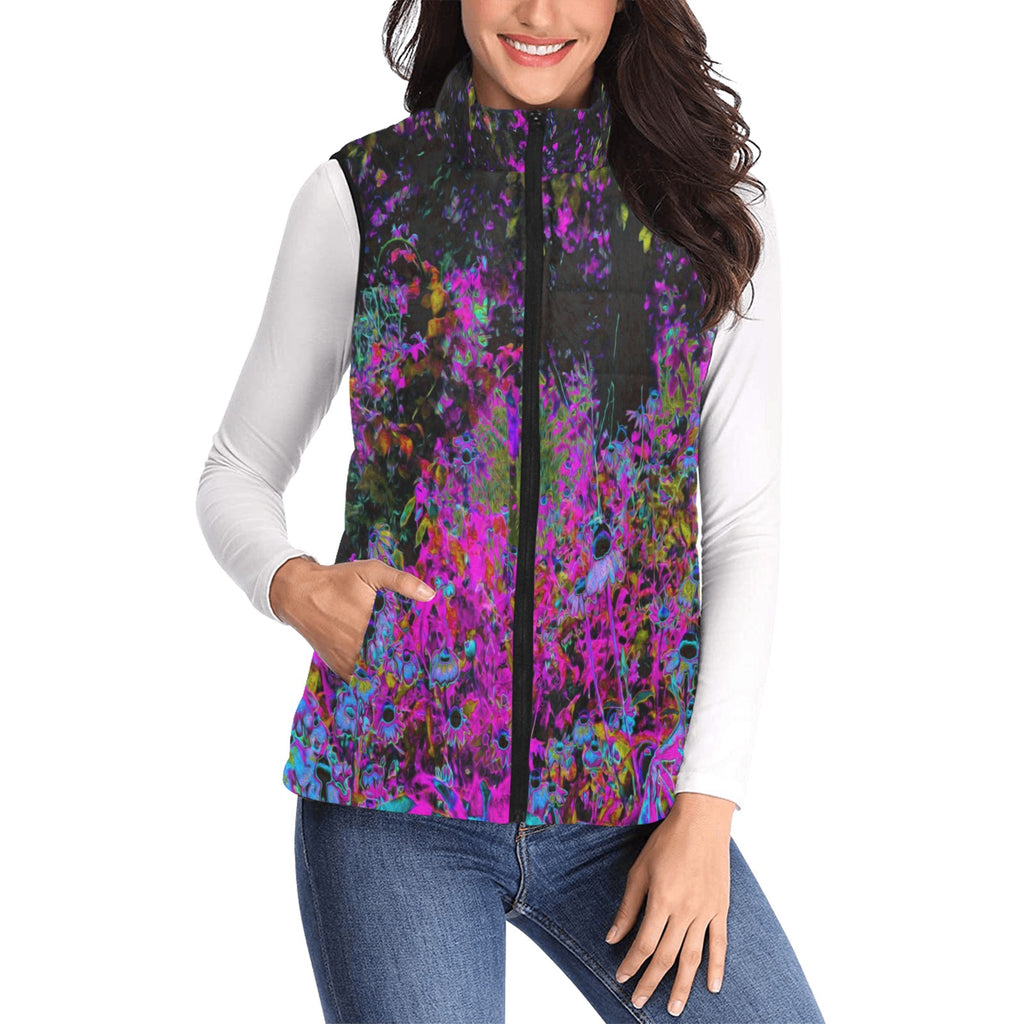 Women's Stand Collar Vest, Psychedelic Hot Pink and Black Garden Sunrise