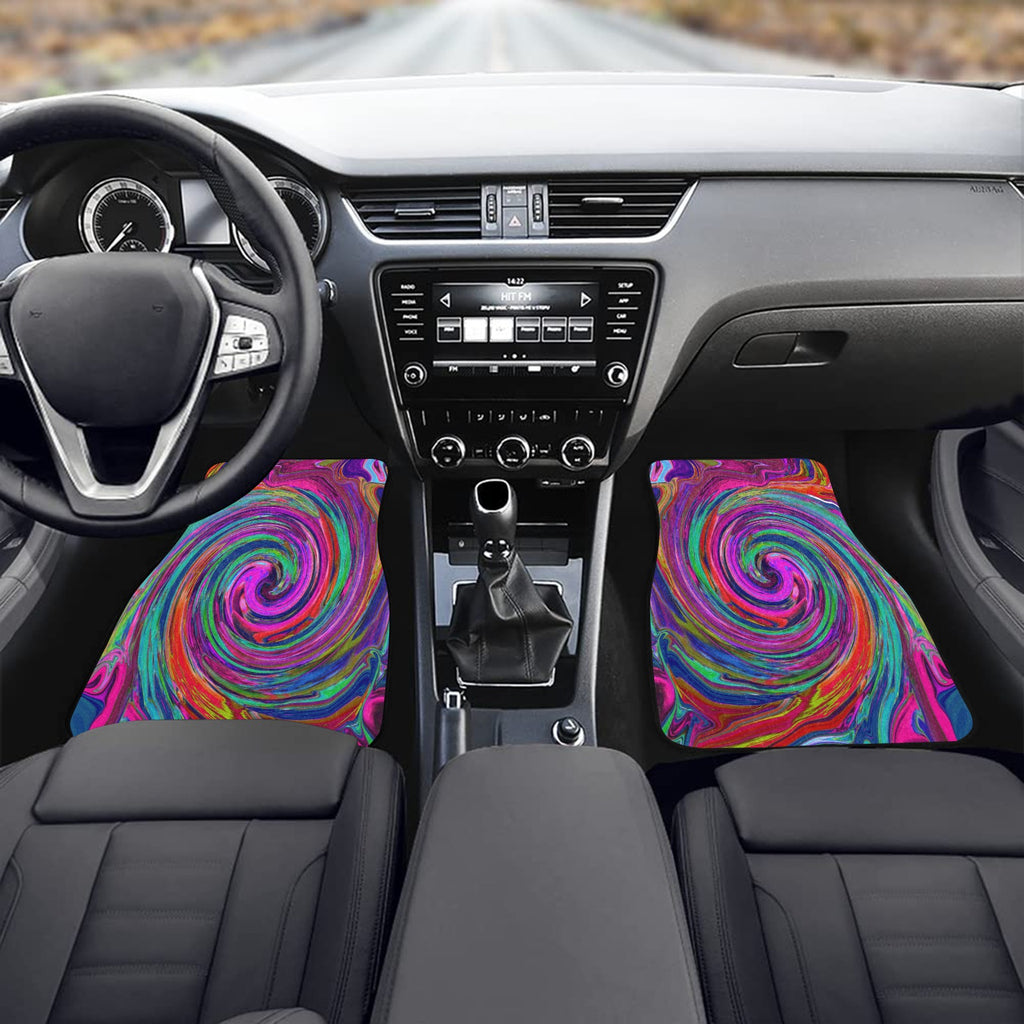 Car Floor Mats, Groovy Abstract Retro Magenta Dark Rainbow Swirl - Front Set of Two