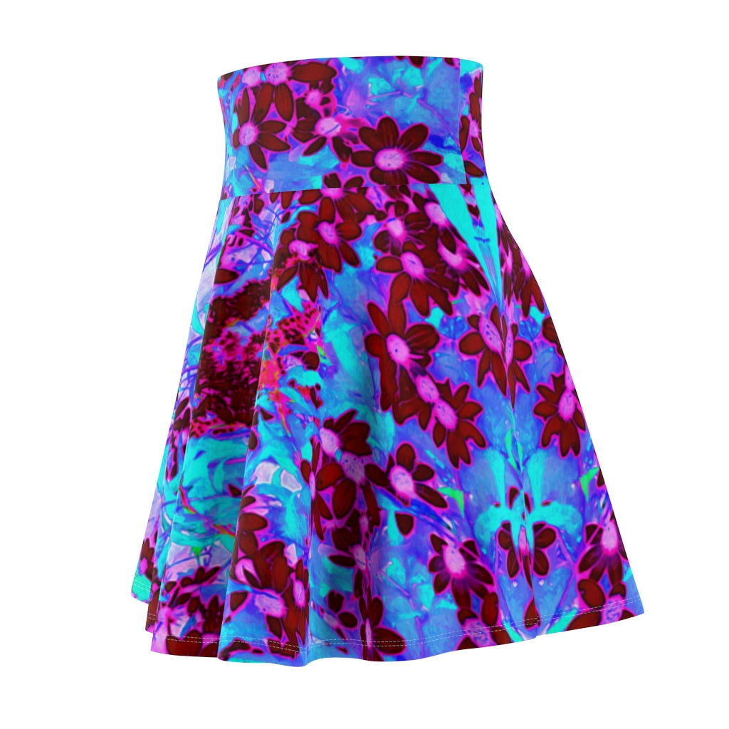 Skater Skirt, Crimson Red and Pink Wildflowers on Blue