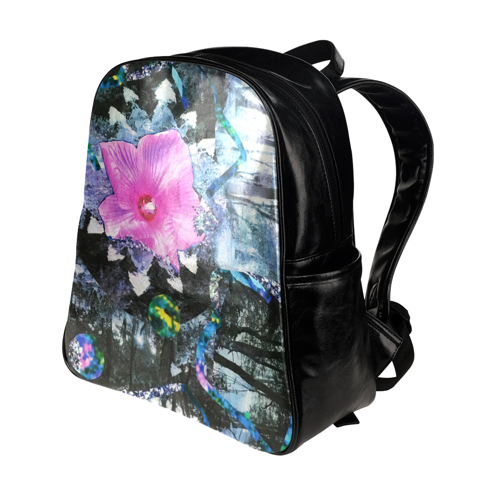 Backpack - Faux Leather, Pink Hibiscus Black and White Landscape Collage