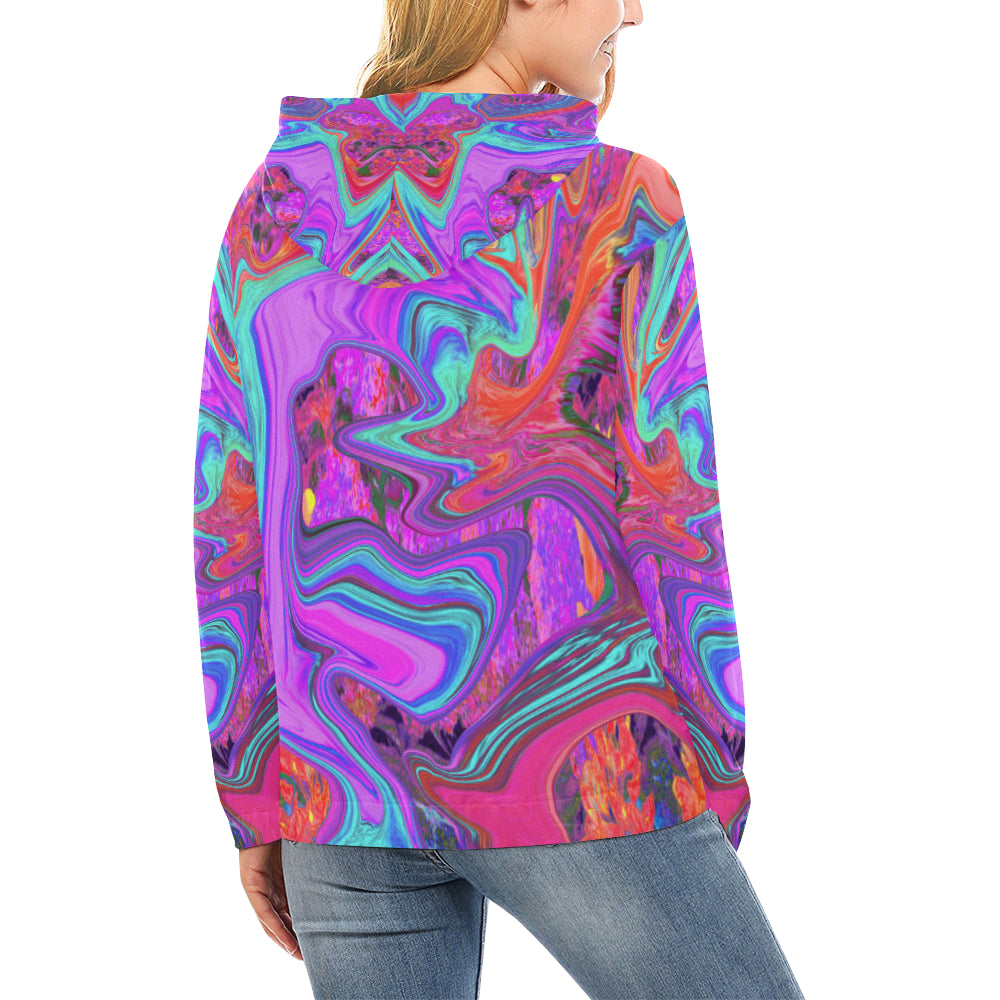 Hoodies for Women, Retro Purple, Blue and Orange Abstract Liquid Art