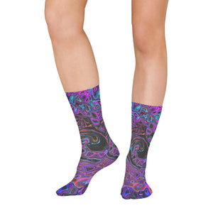 Socks for Women, Trippy Black and Magenta Retro Liquid Swirl