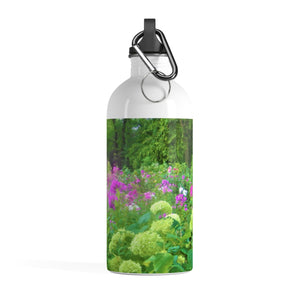 Stainless Steel Water Bottle, Annabella Hydrangeas and Purple Garden Landscape