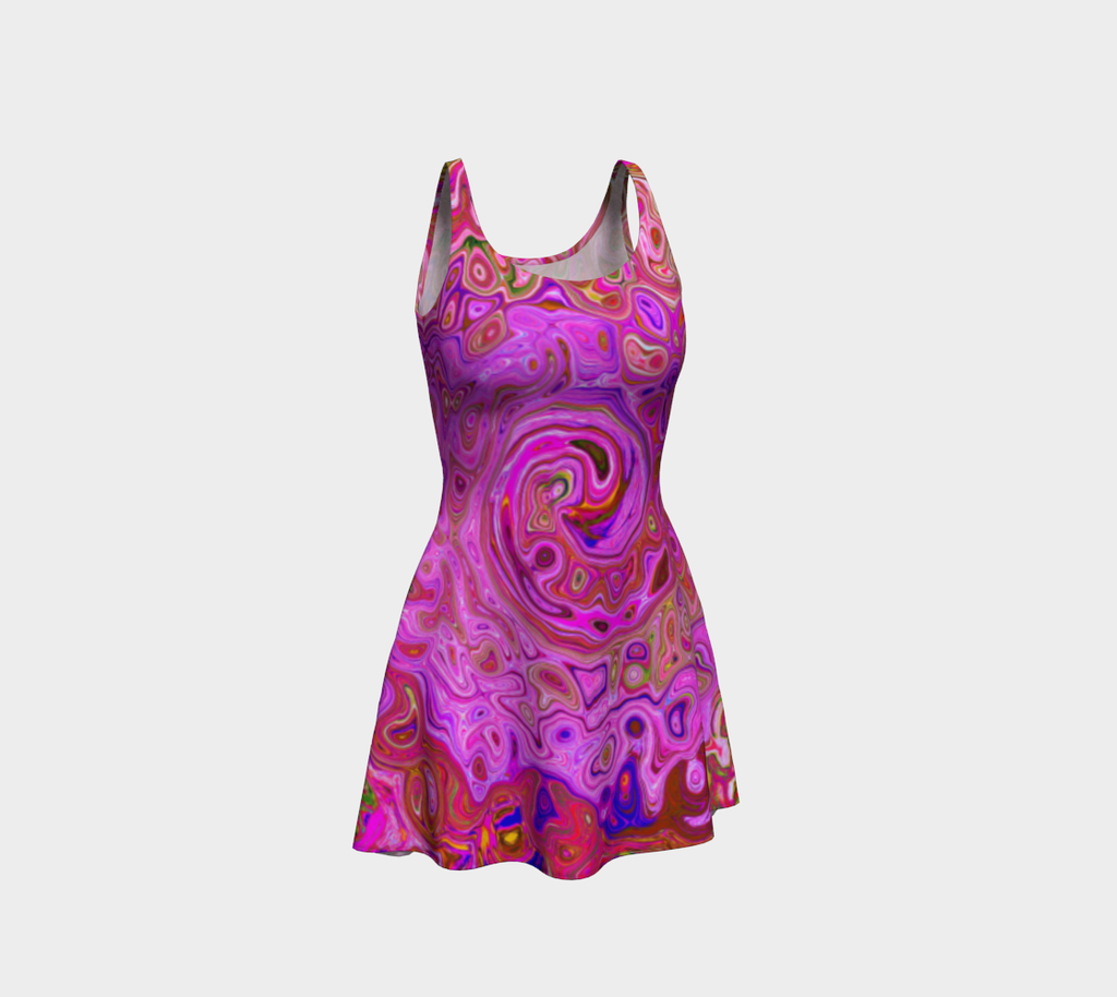 Fit and Flare Dresses, Hot Pink Marbled Colors Abstract Retro Swirl