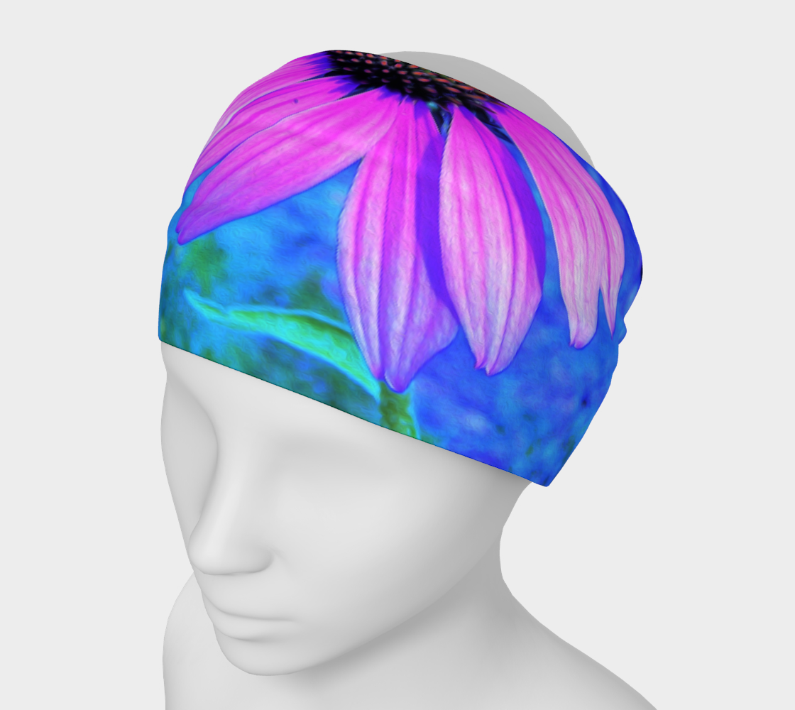 Wide Fabric Headband, Pink and Purple Coneflower on Blue Garden, Face Covering