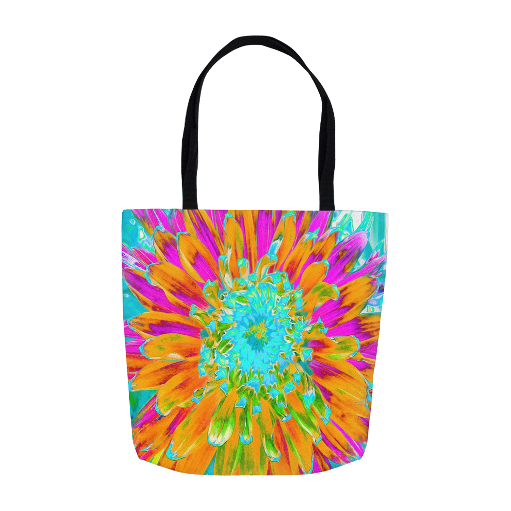 Tote Bags, Tropical Orange and Hot Pink Decorative Dahlia