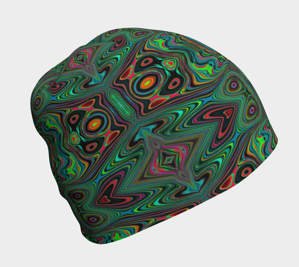 Beanie Hats, Trippy Retro Black and Lime Green Abstract Pattern